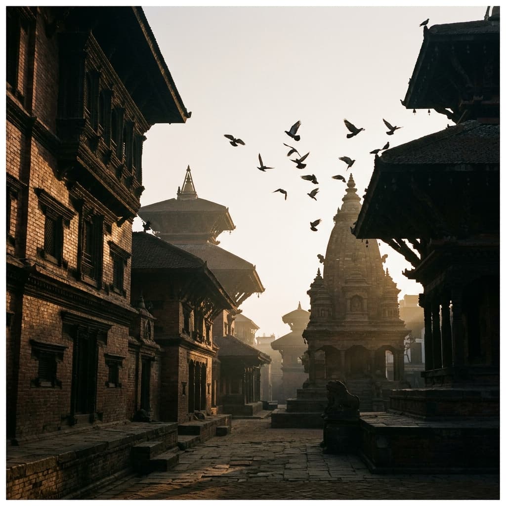 Dawn light over Patan Durbar Square with pigeons in flight